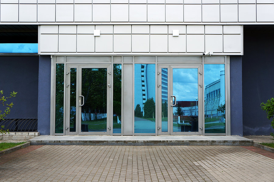 a reflective commercial glass door